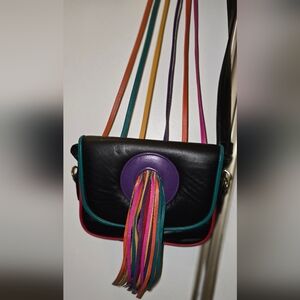 Leather Vintage Noble Crossbody Multicolor Fringe USA Festival Bag 80s Cochella